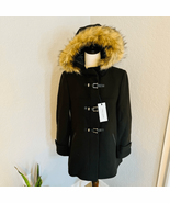 Cole Haan Wool Blend Faux Fur Trim Hooded Coat, Brown, Size 4, NWT - $158.02