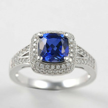 Certified 2.60Ct Blue Cushion Sapphire &amp; Diamond 14K White Gold Engagement Ring - £205.86 GBP