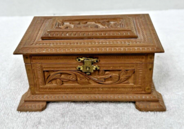Antique Craved Wood Casket Box w Deer and Leaves  5 1/4 x 3.5 x 2 5/8 in... - $36.14