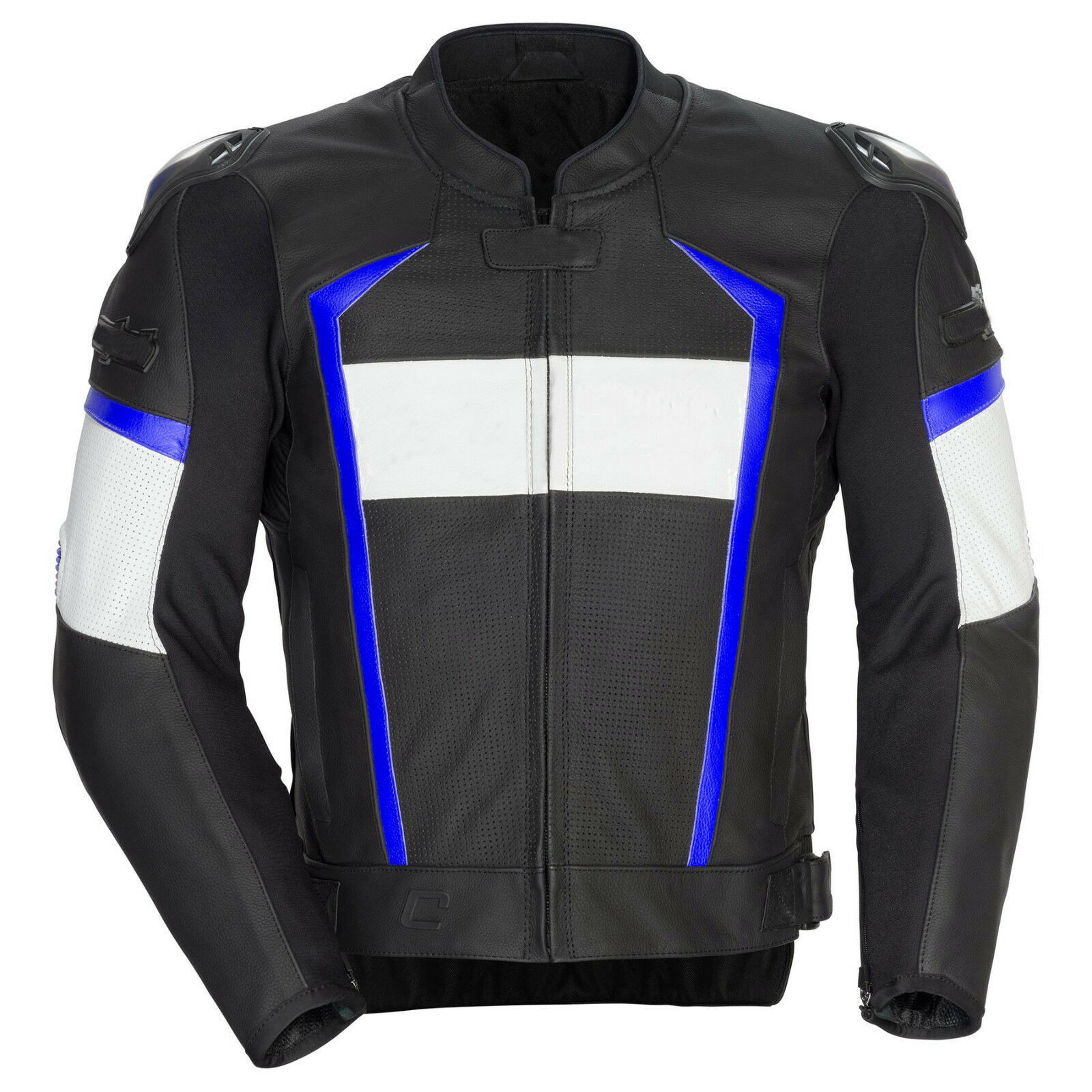 Men Black White Motorcycle Blue Lines Real Leather Safety Pads jacket Speed Hump
