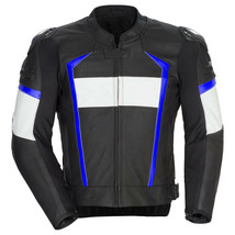 Men Black White Motorcycle Blue Lines Real Leather Safety Pads jacket Speed Hump - £126.10 GBP