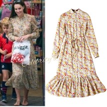 Kate Middleton Inspired Boho Long Sleeve Garden Flower Ruffled Midi Shir... - $69.99