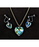 Aurora Borealis Glass HEART PENDANT Necklace &amp; Screwback EARRINGS Crysta... - £16.34 GBP