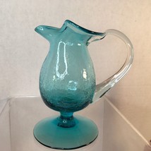 Vtg Hand Blown Blue Crackle Glass Small Pitcher w/ Applied Handle Footed Ice Lip - £18.13 GBP