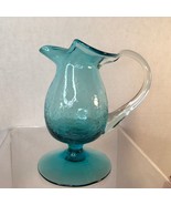 Vtg Hand Blown Blue Crackle Glass Small Pitcher w/ Applied Handle Footed... - £17.68 GBP