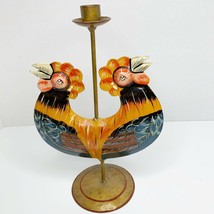 Folk Art Painted Rooster Chicken Metal Candle Holder Rustic Farmhouse Decor 12” - £19.25 GBP