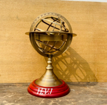 Brass Armillary Globe Astrolabe Globe Zodiac Engraved Wooden Base Tablet... - $78.50