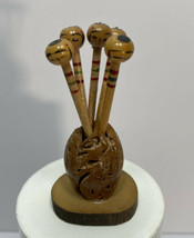 1950s Japanese KOKESHI Appetizer Hors D&#39;oeuvre Sticks Picks w Carved Walnut  - £23.39 GBP