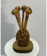 1950s Japanese KOKESHI Appetizer Hors D&#39;oeuvre Sticks Picks w Carved Wal... - £23.55 GBP