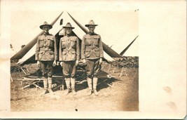 Vtg Postcard RPPC Cyko - 3 WWI Era Soldiers Full Uniform at Attention by Tent UP - £21.70 GBP