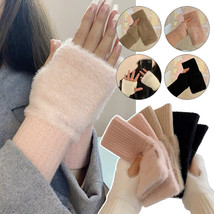1Pair Faux Mink Plush Half Finger Gloves Knitted Fingerless Wrist Mittens Winter - £6.53 GBP