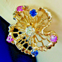 Earth mined Diamond Sapphire Ruby Deco Earrings Vintage Filigree 14k Gold - $2,474.01