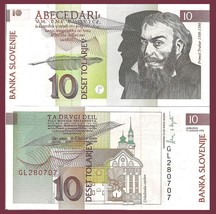Slovenia P11a, 10 Tolar, Author Trubar, quill pen / St. Ursula&#39;s church UNC - €1,70 EUR