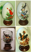 Porcelain Eggs Birds Artwork Four Seasons Avon 1984 Set of 4 w Stands & Boxes - $49.99