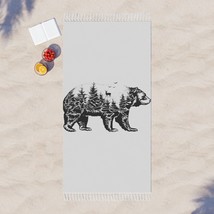 Large Boho Beach Towel 100% Polyester Knotted Tassel Black White Walking Bear Il - £50.91 GBP