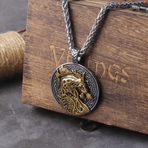 Vintage Viking Gold Wolf Pendant Necklace Punk Rock Stainless Steel Mens Jewelry - £17.58 GBP