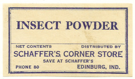 Antique Pharmacy Label INSECT POWDER Schaffer&#39;s Corner Store Edinburg Indiana - £20.23 GBP