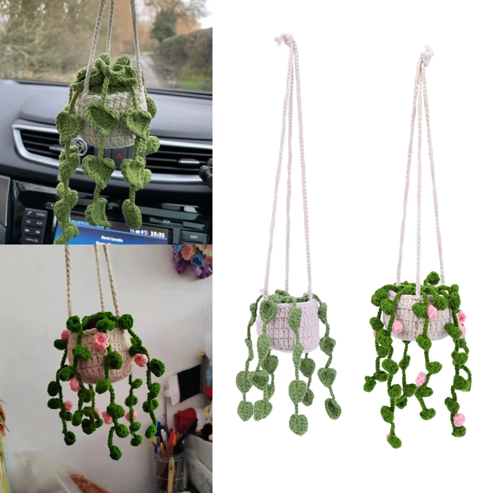 Rearview Mirror Potted Plant Pendant Hand-crocheted Flower Basket Car Hanging - £12.18 GBP+