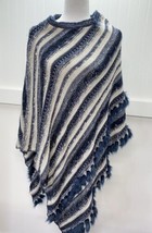 Chicos Knit Poncho L/XL Blue/Beige Sparkle Striped Sequins Faux Fur Frin... - $79.99