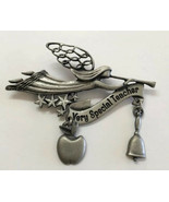 Very Special Teacher Angel Silver Tone Pin Brooch W/ Apple &amp; Bell Charms - £11.76 GBP