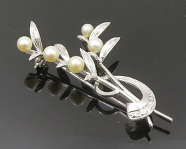 925 Sterling Silver - Vintage Cultured Pearls Leaf Stem Brooch Pin - BP9364 - £53.94 GBP