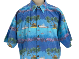 Kahala Mens Fishing Boat Tiki Hut Ocean Life Blue Hawaiian Shirt 2XL - $98.99