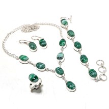 Green Sulemani Agate Oval Shape Gemstone Ethnic Necklace Set Jewelry 18&quot; SA 805 - $12.99