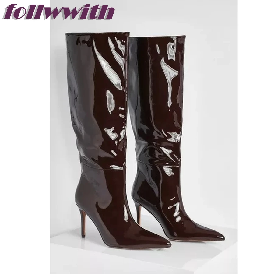 Patent Leather Knee High Woman Winter Boots Solid Pointed Toe Concise Catwalk Sl - £140.99 GBP