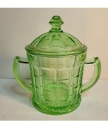 Hazel Atlas 1930&#39;s Green Uranium Sugar Bowl &quot;D&quot; Handles Criss Cross - $70.00
