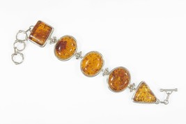 Wide Five Stone Amber Statement Piece Sterling Silver Toggle Bracelet - $571.69