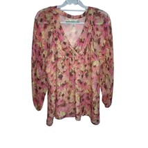 SUNDANCE Catalog Silk Blouse Pink Yellow Brown Floral Shirt Lined V-Neck Large - £22.01 GBP