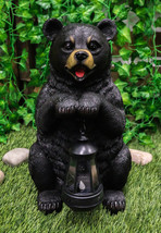 Rustic Garden Cute Black Bear Holding Solar Lantern Path Light Greeter Statue - £53.54 GBP
