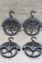4 Rustic Cast Iron Hanging Cable Pulley Wheel Hook Farmhouse Country Dec... - £87.16 GBP