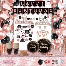 Birthday Decorations For Women, 229 Pcs Rose Gold And Black Happy Birthday Suppl - £42.88 GBP