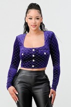 Women&#39;s Purple Velvet Buttons Open Back Long Sleeve Cropped Top (S) - £37.94 GBP