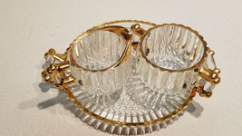 Vintage Set Of 3 Hobnail Glass Creamer, Sugar &amp; Tray W/ Gold Apply Trim - £14.71 GBP