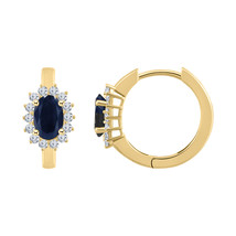 14K Yellow Gold Plated Silver Sapphire &amp; Round Diamond Oval Hoop Earrings - £47.24 GBP