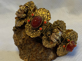 Antiq Panel Bracelet Smiling Devil &amp; Carved Scarab Beetle Demon Estate Jewelry - £236.98 GBP