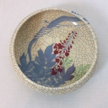 Asian Art Crackle Glaze Hand Painted Bowl Blue Red Ivory Floral 6&quot; Across Vtg - £58.83 GBP