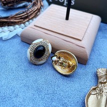 Retro Earrings Jewelry Black Bead White Enamel Rhinestone Oval Shape Accessories - £17.95 GBP