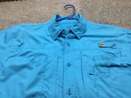 Reel Legends Vented Fishing Shirt Button up Short Sleeve Aqua Mens Medium Logo - £11.64 GBP