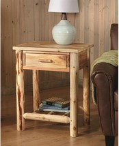 Wood Farmhouse End Table Rustic Cabin Side Drawer Log Nightstand Bedside Natural - $153.48