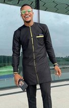 Black &amp; Yellow Long Sleeve Shirt &amp; Pants Kaftan Men African Clothing Fas... - £67.86 GBP
