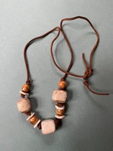 Vintage Brown Leather Cord w Tan &amp; Brown Ceramic Beads Necklace – 21 inches in  - £9.02 GBP