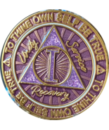 1 Year AA Medallion Cosmic Purple Glitter Alcoholics Anonymous Sobriety ... - $15.99