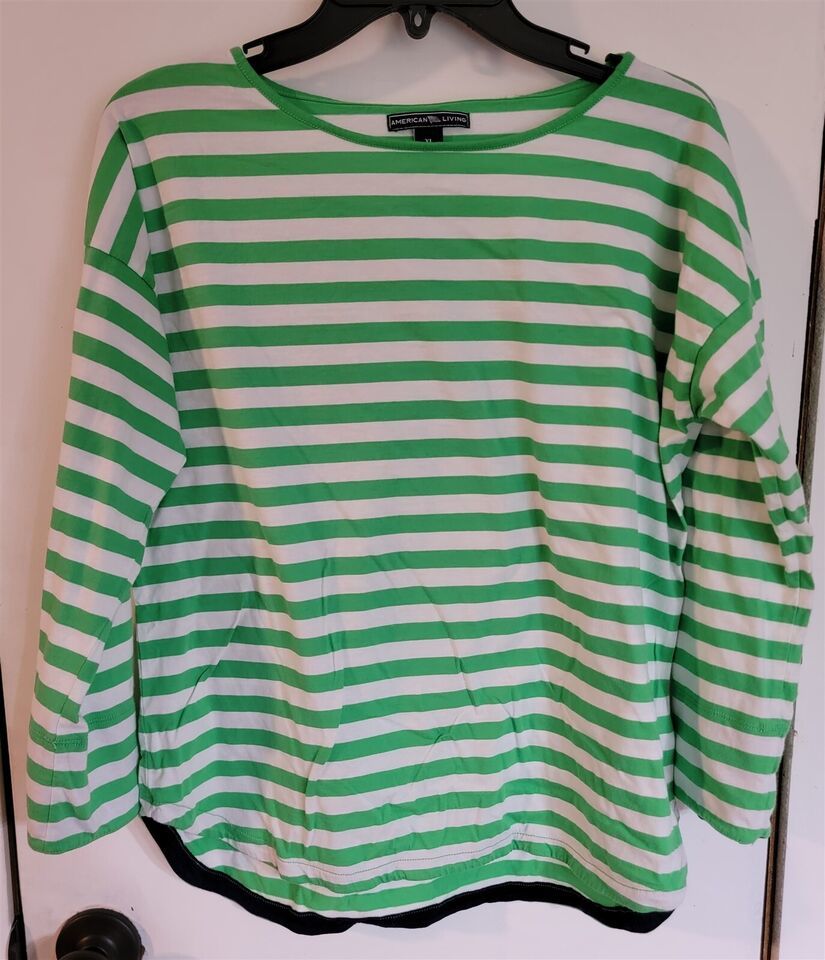 Primary image for Womens XL American Living White & Green Striped Round Neck Shirt Top Blouse