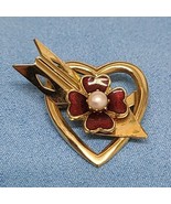 Vintage Red Enamel and Pearl Gold Tone Heart and Arrow Brooch Pin  - $13.95