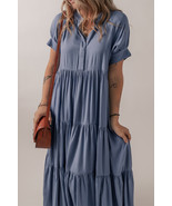 Ashleigh Blue Hidden Buttons Short Sleeve Ruffle Tiered Long Flared Dress - $490.73 MXN