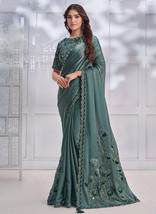 Beautiful Turquoise Sequence Embroidery Silk Wedding Saree1187 - £79.80 GBP