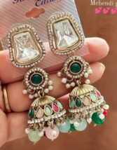 Bollywood Style Gold Plated Indian CZ Kundan Jhumka Earrings Jewelry Set - £22.40 GBP